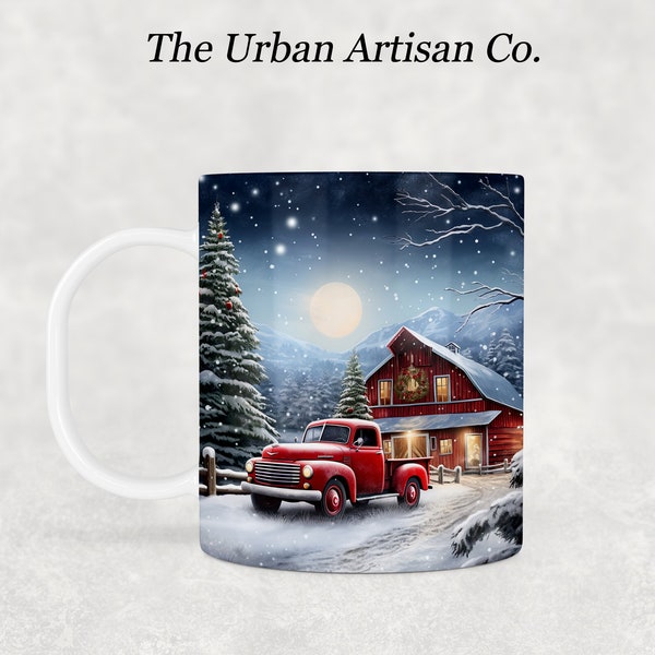 Red Vintage Truck 11 oz Mug Sublimation Design, Instant Digital Download PNG, Christmas Mug Wrap