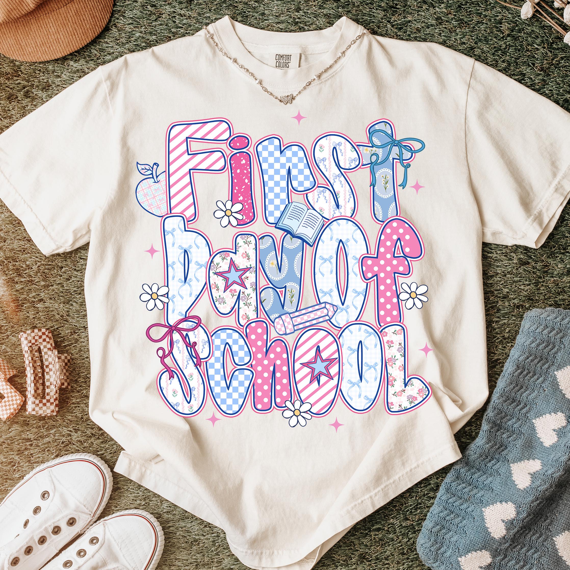 Preppy Back to School PNG, Coquette Teacher First Day of School Shirt Design, Retro Checkered Student Sublimation, Girly Classroom Bow Png