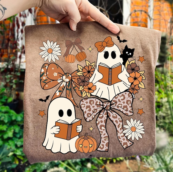 Ghost Books Halloween PNG, Floral Fall Halloween Ghost Png, Boho Pumpkin Coquette Png, Teacher Ghost Reading Books, Leopard Pumpkin Bow Png
