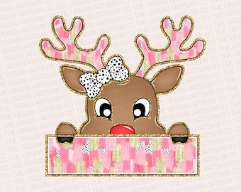 Glitter Coquette Pink Christmas Reindeer Png, Christmas Kids Name PNG, Personalized Kids Christmas Png, Girl Christmas Png, Xmas Brushstroke