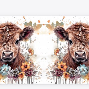 May include: A watercolor print featuring two brown Highland calf faces surrounded by colorful flowers. The artwork has a white background with paint splatters and floral accents in shades of orange, blue, and purple.