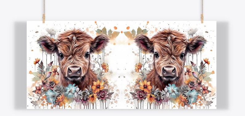 May include: A watercolor print featuring two brown Highland calf faces surrounded by colorful flowers. The artwork has a white background with paint splatters and floral accents in shades of orange, blue, and purple.