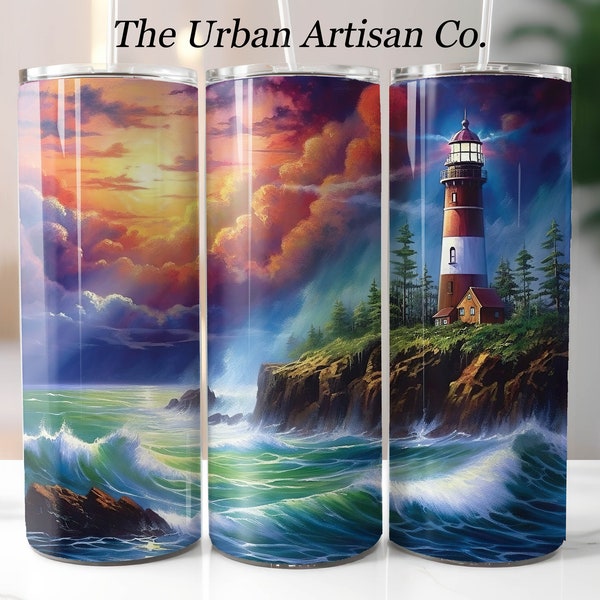 Lighthouse Sunset Ocean 20 oz Skinny Tumbler Wrap Sublimation Design, Digital Download PNG, Instant Download, Ocean Sunset Tumbler