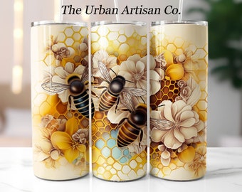 3D Flower Bee Honeycomb 20 oz Skinny Tumbler Sublimation Design, Instant Digital Download PNG,  Straight Tumbler Wrap