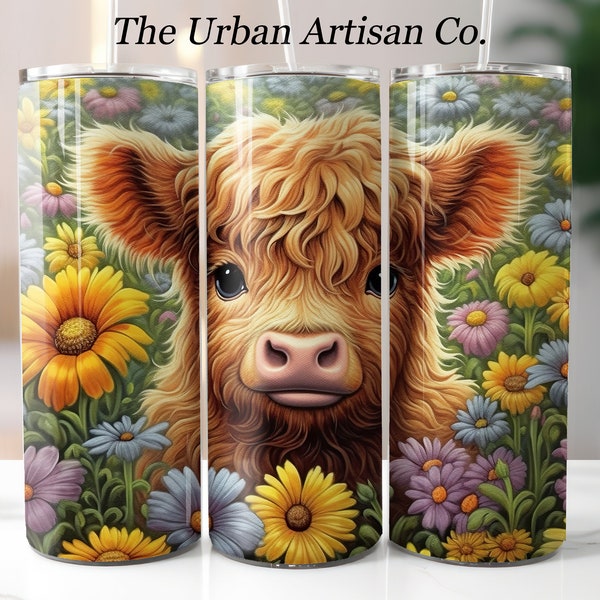 3D Baby Highland Cow Flowers 20 oz Tumbler Wrap, Sublimation Design, 3D Tumbler Wrap