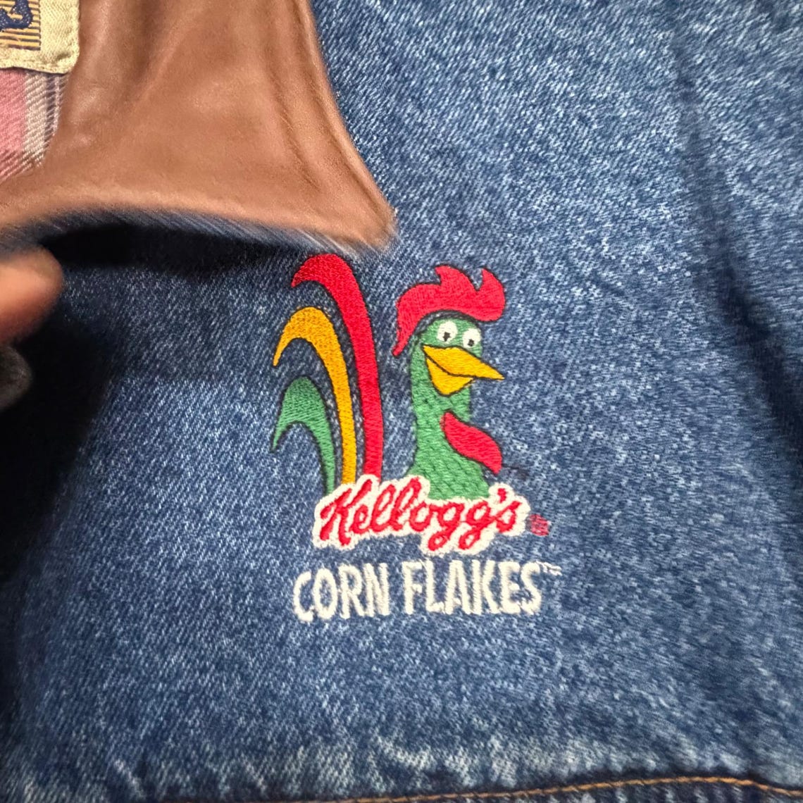 Vintage Upstream Kellogg's Corn Flakes Denim Jacket Leather Collar M V, foto 3 di 5