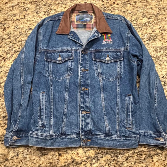 Vintage Upstream Kellogg's Corn Flakes Denim Jacket Leather Collar M V