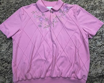 Alfred Dunner Pink Embroidered Floral Polo Shirt XL Diamond Texture Short Sleeve