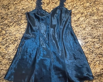 Angelique Teal Blue Satin Chemise Nightgown Beaded Lace Straps Medium