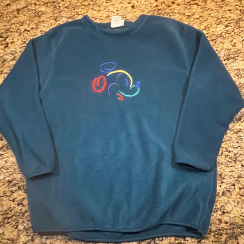 Vintage Walt Disney World Mickey Mouse Fleece Sweatshirt Teal Embroidered Medium image 1