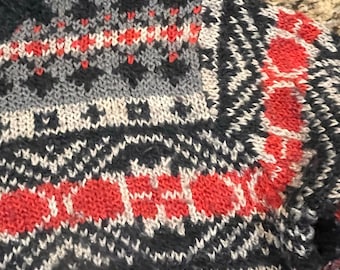 Claudia D Men Knit Sweater Medium Gray Red Nordic Fair Isle Wool Blend Pullover