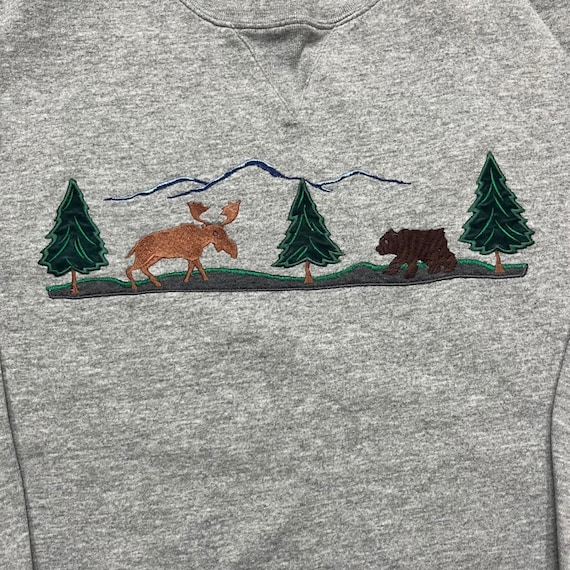 Studio Works & Co Womens Gray Moose Bear Embroidered Sweatshirt Size M Forest View 3