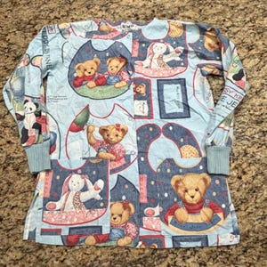 Vintage Baltimore Scrub Jacket Teddy Bear Bunny Print Snap Front Blue Women M