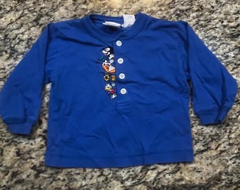 Vtg 90s Disney Store Boy Royal Blue Mickey & Friend Embroidered Henley Shirt 18M