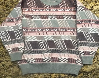 Vintage 62 East Frauen Geometrische Fair Isle Strick Pullover Grau Rosa Lila Medium