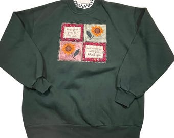 Vintage Sunflower Patchwork Sweatshirt Cottagecore Women L Mock Neck Spring