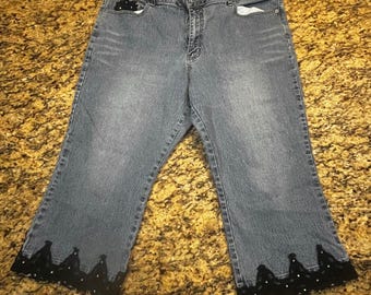 Lazer Jeans Womens 20 Capri Denim Pants Medium Wash Black Lace Rhinestone Trim