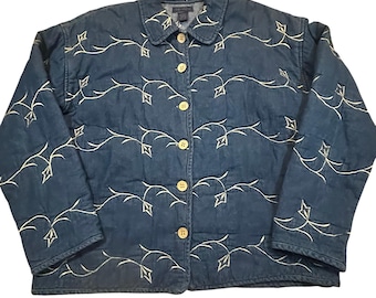 Chaqueta vaquera acolchada estilo vintage con bordado floral y botones para mujer L