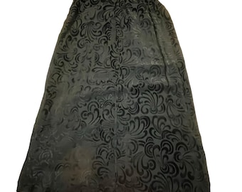 Vintage Black Flocked Velvet Midi Skirt Gothic Romantic A-Line Women M Lined