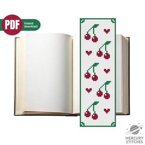 Peut inclure: Marque-page blanc avec une bordure verte, orné d'un motif de cerises pixélisées et de cœurs rouges. Le marque-page est placé dans un livre ouvert. Les mots "PDF" et "Téléchargement instantané" sont dans le coin supérieur gauche.