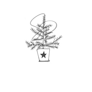 May include: A black and white line drawing of a small Christmas tree in a bucket with a star on it. The tree has a few decorative swirls above it. The image is on a white background.