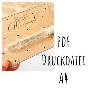 May include: A brown card with the text "Herzlichen Glückwunsch" and a small glass tube with a rolled up piece of paper inside. The tube is tied with twine and has the text "Gonn dir was" written on it. The card is decorated with small hearts. The text "PDF Druckdatei A4" is written in black on a white background.