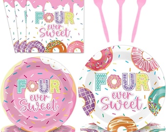 Donut Four Ever Sweet Birthday Plates, Napkins, Forks Disposable Tableware Serves 24, Girl Donut 4th Birthday Dinnerware, Girls 4th Birthday