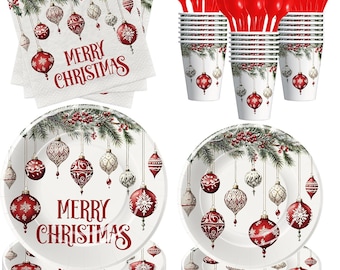 May include: A festive Christmas party set featuring plates, cups, napkins, and cutlery. The white plates and cups are adorned with hanging ornaments and the text "MERRY CHRISTMAS". Red plastic forks, spoons, and knives complete the set.