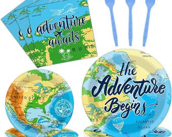 Adventure Awaits Party Plates, Napkins, Forks Disposable Tableware Serves 24, Travel Map Retirement Going Away Party Tableware