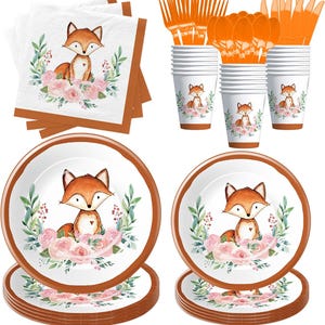 Fox Birthday Party Plates, Napkins, Cups, Disposable Tableware Serves 24, Fox Baby Shower Dinnerware, Woodland Creatures Forest Animal Fox