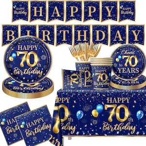 May include: Blue and gold party supplies for a 70th birthday celebration. The set includes plates, napkins, cups, a tablecloth, and a banner. The banner says "Happy Birthday".