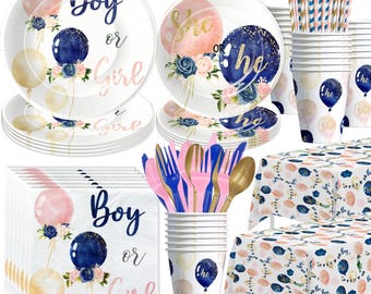 Gender Reveal Party Plates, Napkins, Cups, Tablecloth Disposable Tableware Serves 24, Floral Boy or Girl Blue and Pink Dinnerware