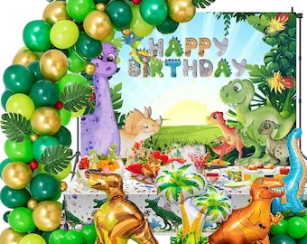 Dinosaur Birthday Backdrop and Balloon Garland Arch Kit, Dinosaur Birthday Backdrop Gold Green Dinosaurs Balloons, Dino Themed Kid's Party