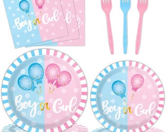 Gender Reveal Party Plates, Napkins, Forks Disposable Tableware Serves 24 Boy or Girl Dinnerware, Pink and Blue Gender Reveal Decorations