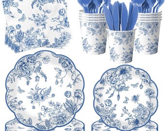 May include: A collection of disposable tableware with a blue floral design. The set includes plates, napkins, cups, forks, and knives. The plates have a scalloped edge. The floral pattern includes roses, butterflies, and other botanical elements.