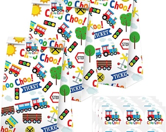 Train Birthday Favor Bags 24 Pack, Train Choo Choo Party Treat Paper Candy Goodie Bag, Chugga Chugga Two Two Birthday Party Supplies