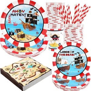 May include: Pirate themed party supplies including red and white striped paper plates, cups, and straws. The plates feature a pirate ship with the text "Ahoy Matey!" and the cups feature a skull and crossbones with the text "Lords of the Seas!"