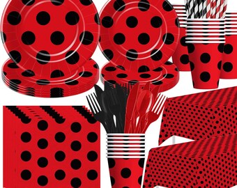 Ladybug Birthday Party Plates, Napkins, Cups, Tablecloth Disposable Tableware Serves 24, Lady Bug Theme Birthday Baby Shower Dinnerware