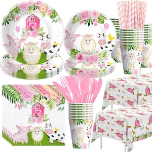 Pink Farm Animals Party Supplies For Birthday, Baby Shower, Plates, Napkins, Cups, Forks, Tablecloth Disposable Tableware Serves 24