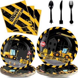 Construction Birthday Plates, Napkins, Forks Disposable Tableware Serves 25, Kids Construction Dump Truck Birthday Dinnerware