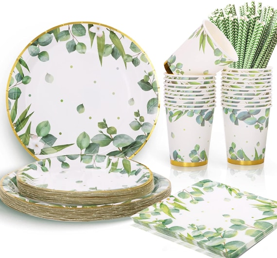 Sage Green Party Tableware Serves 25, Gold Green Paper Plates