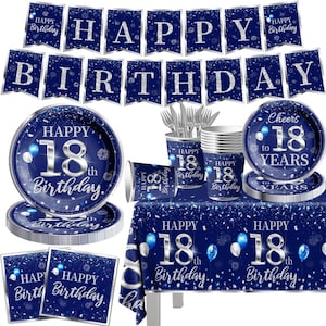 18th Birthday Party Plates, Napkins, Cups Disposable Tableware Serves 20 Blue and Silver 18th Birthday Decorations, 18th Dinnerware