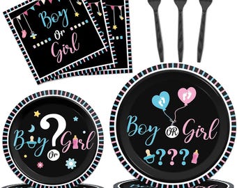 Gender Reveal Party Plates, Napkins, Forks Disposable Tableware Serves 24 Boy or Girl Dinnerware, Pink and Blue Gender Reveal Decorations