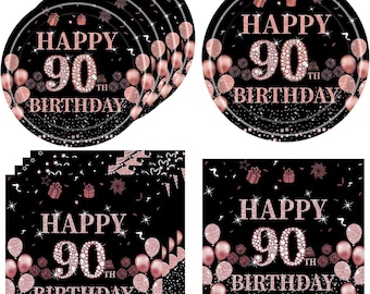 90th Birthday Dessert Plates and Napkins Disposable Tableware Serves 20 Black and Rose Gold 90th Birthday Decorations Men Women 90th