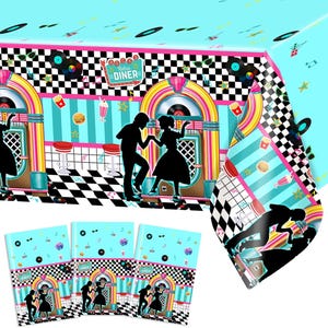May include: A retro diner-themed party set featuring a tablecloth and three notebooks. The tablecloth has a blue background with a jukebox, dancing silhouettes, and a checkered floor. The notebooks have a similar design with a jukebox and dancing figures.