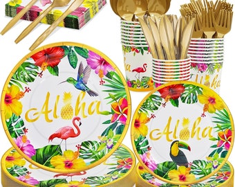 Hawaiian Luau Party Plates, Napkins, Forks Disposable Tableware Serves 24, Tropical Aloha Birthday Dinnerware, Summer Beach Holiday Flamingo