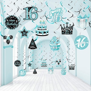 16th Birthday Hanging Swirl Decorations 16th Birthday Party Decorations Silver Teal Hanging Swirls 16th Girls Birthday Party Supplies