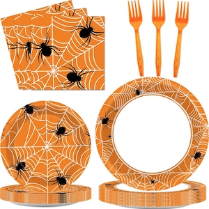 Halloween Party Plates, Napkins, Forks Disposable Tableware Serves 25 Orange Halloween Spider Dinnerware, Spider Web Plates