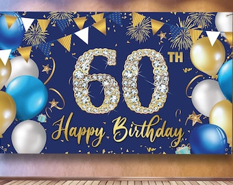 60th Birthday Banner Backdrop Decorations for Men Women Black Gold