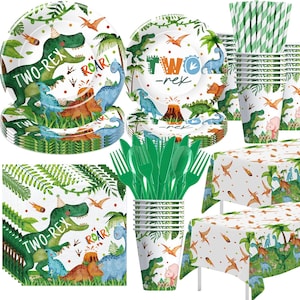 May include: Dinosaur themed party supplies, including plates, cups, napkins, cutlery, tablecloths, and straws. The plates and cups feature a green, white, and brown dinosaur design with the text "Two-Rex" and "Roar!" The tablecloths are white with a green, brown, and orange dinosaur design. The straws are green and white striped.